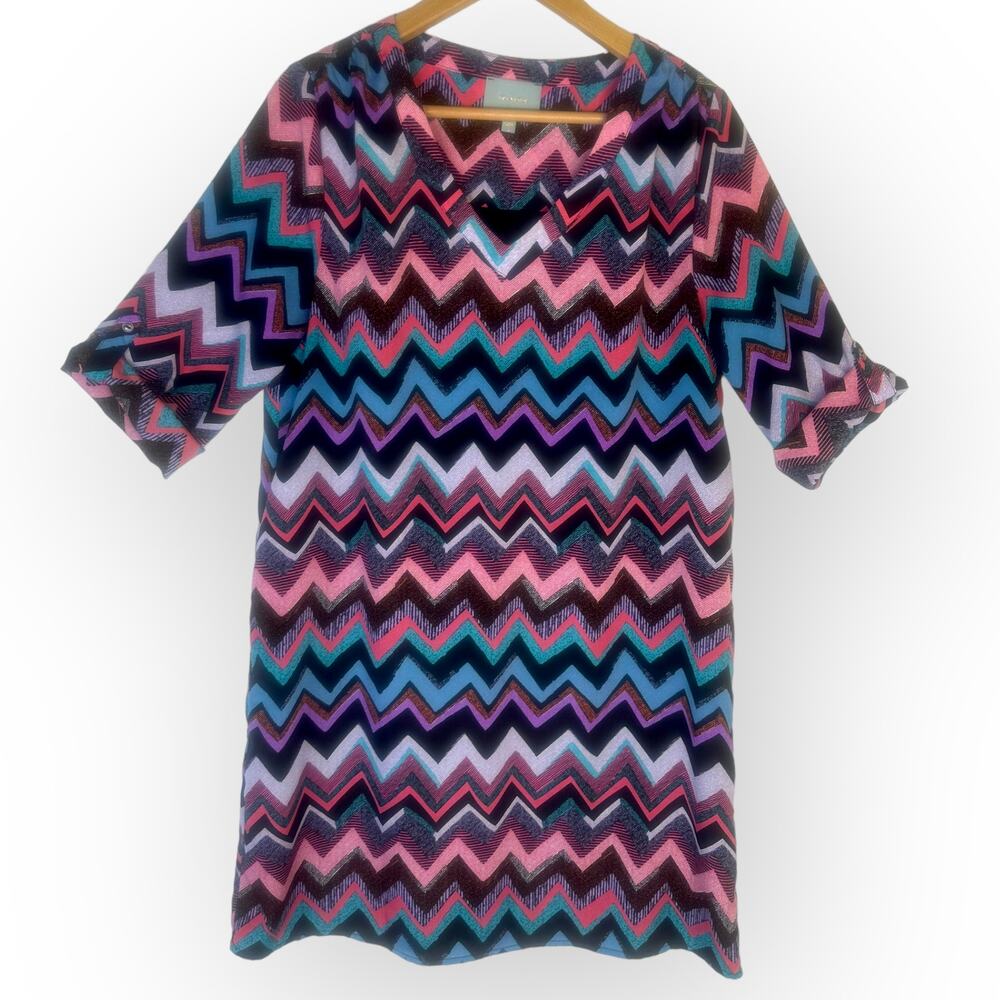 Skies Are Blue Chevron Shirt Dress L Multi Pink Purple Teal Black Zig Zag Print